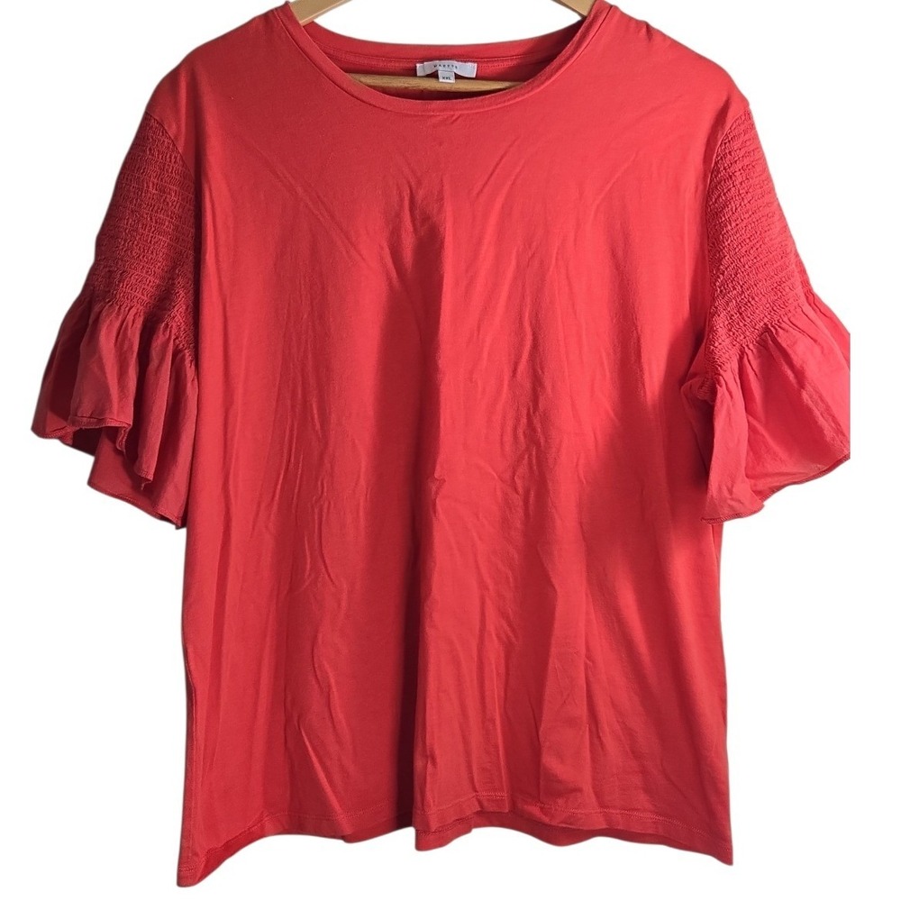 Maette Womens XXL Coral Red Smocked Ruffle Short Sleeve Cotton Modal Tee Shirt‎